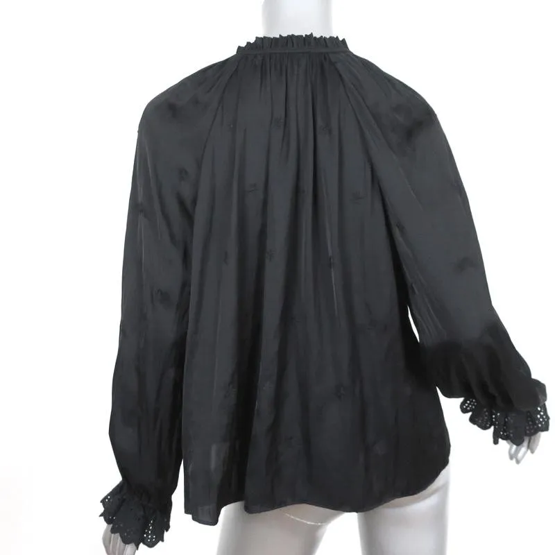 Blouse Ulla Johnson Irene Noir Brodée de Fleurs en Satin Taille 6 Haut à Manches Longues