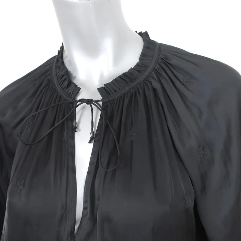 Blouse Ulla Johnson Irene Noir Brodée de Fleurs en Satin Taille 6 Haut à Manches Longues