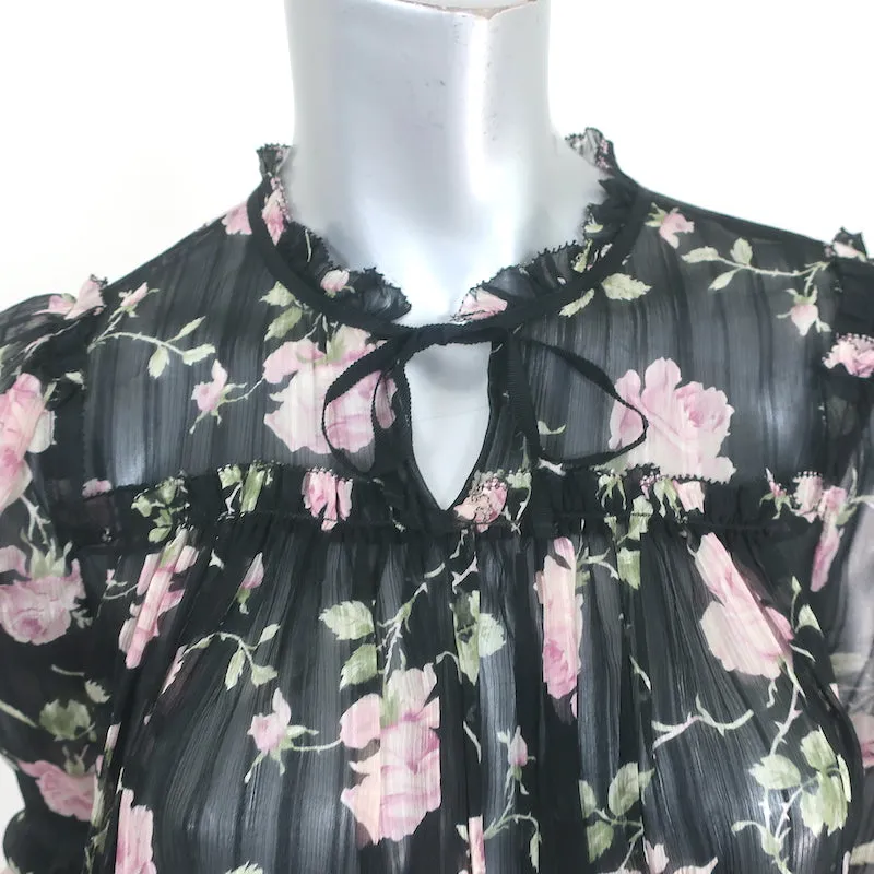 Blouse Ulla Johnson Pétunia Imprimé Rose Noire Chiffon Taille 2 Haut à Manches Longues