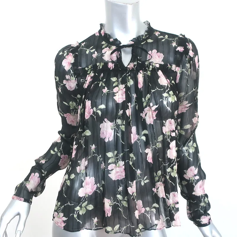 Blouse Ulla Johnson Pétunia Imprimé Rose Noire Chiffon Taille 2 Haut à Manches Longues