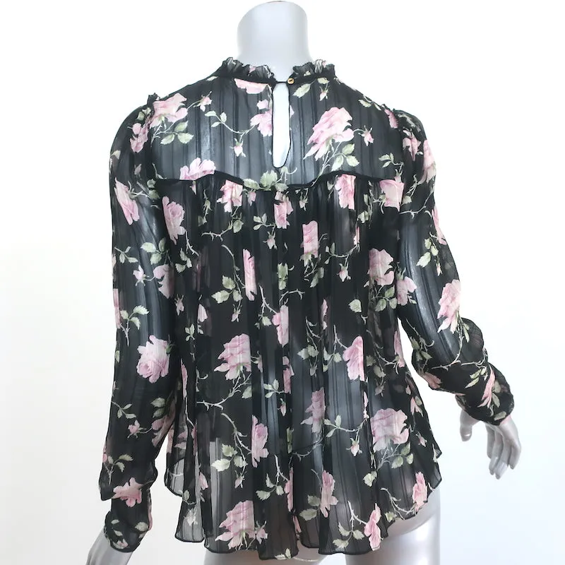 Blouse Ulla Johnson Pétunia Imprimé Rose Noire Chiffon Taille 2 Haut à Manches Longues