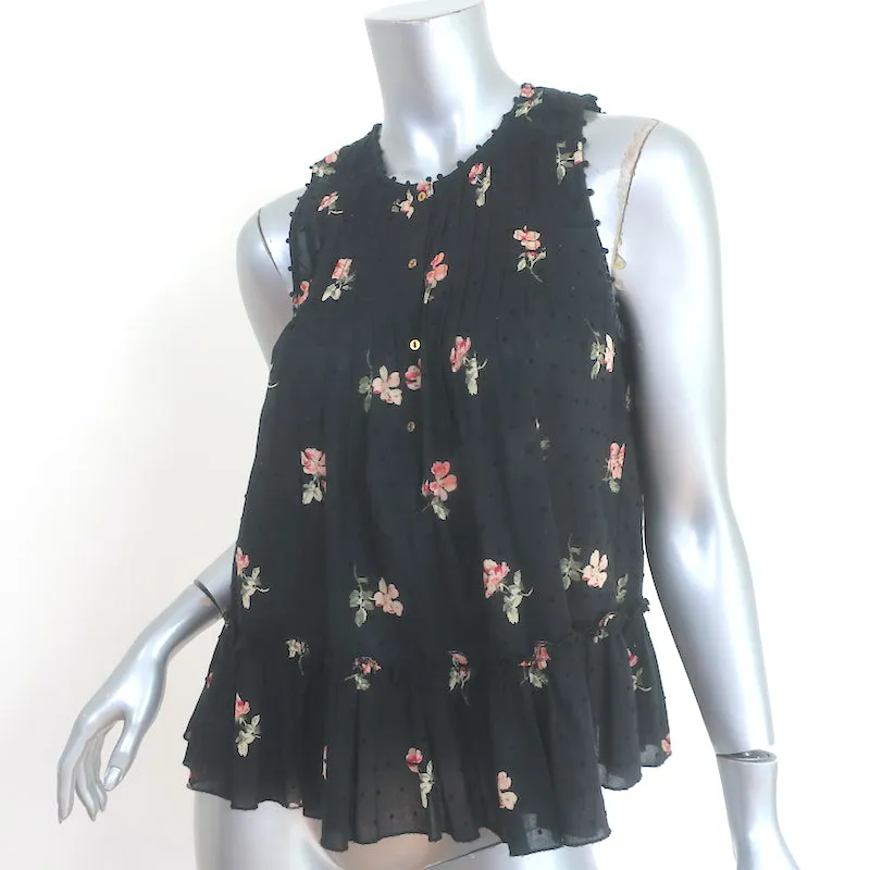 Ulla Johnson Cecile Top à Bretelles à Volants Noir Imprimé Floral en Coton à Pois Suisse Taille 2