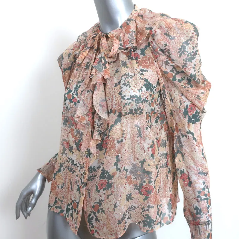 Ulla Johnson Blouse Colette Rose Clair en Soie à Imprimé Floral Lurex Taille 0