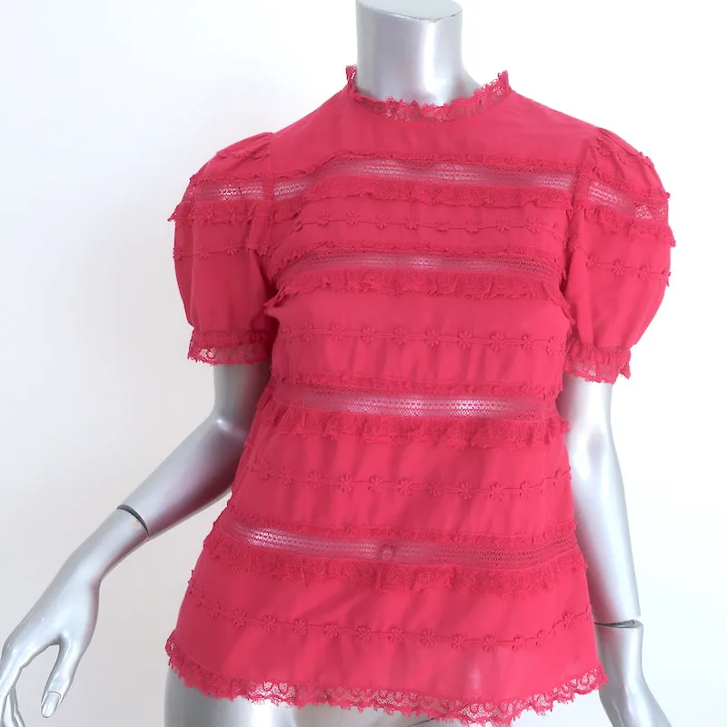 Ulla Johnson Desi Haut à Manches Ballonnes Fuchsia Brodé en Coton avec Bordure en Dentelle Taille 0