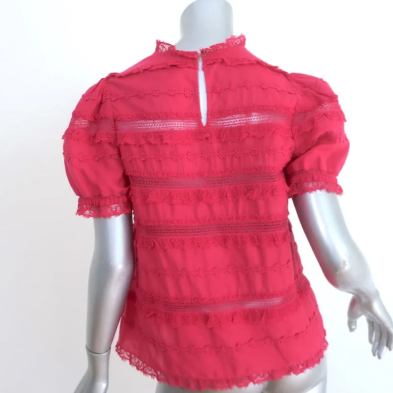 Ulla Johnson Desi Haut à Manches Ballonnes Fuchsia Brodé en Coton avec Bordure en Dentelle Taille 0