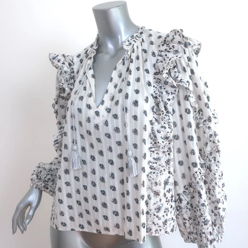 Ulla Johnson Chemise Kati à Volants Blanc Imprimé Fleuri en Coton Taille 0 Haut à Manches Longues