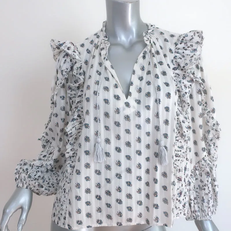 Ulla Johnson Chemise Kati à Volants Blanc Imprimé Fleuri en Coton Taille 0 Haut à Manches Longues