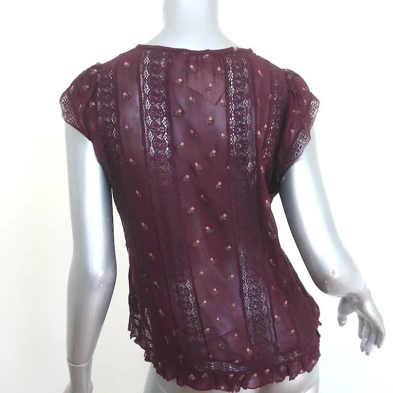 Ulla Johnson Magdalena Haut Bordeaux en Georgette Brodée de Fleurs Taille 2