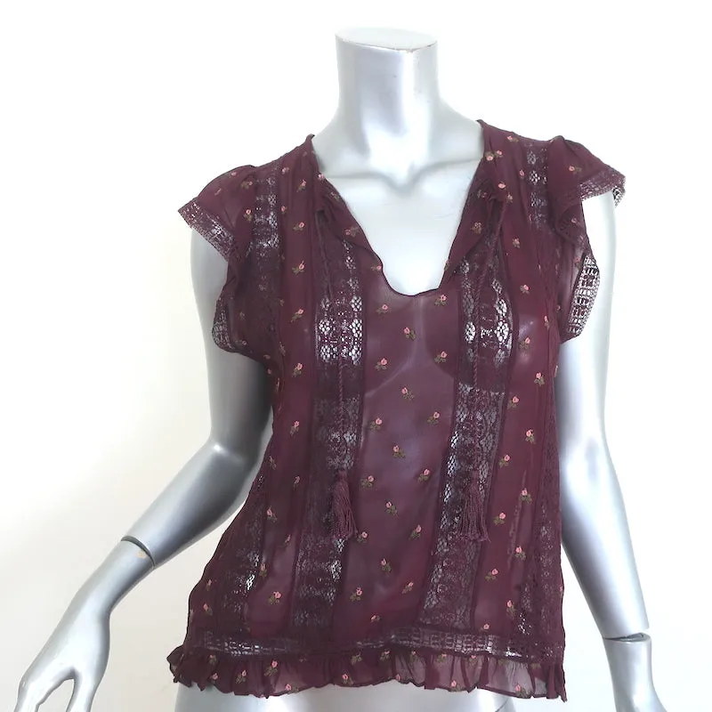 Ulla Johnson Magdalena Haut Bordeaux en Georgette Brodée de Fleurs Taille 2