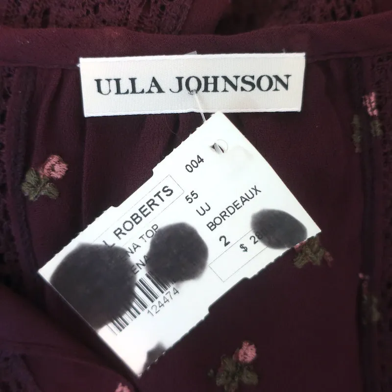 Ulla Johnson Magdalena Haut Bordeaux en Georgette Brodée de Fleurs Taille 2