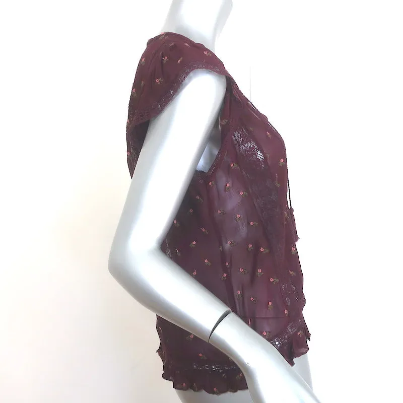 Ulla Johnson Magdalena Haut Bordeaux en Georgette Brodée de Fleurs Taille 2