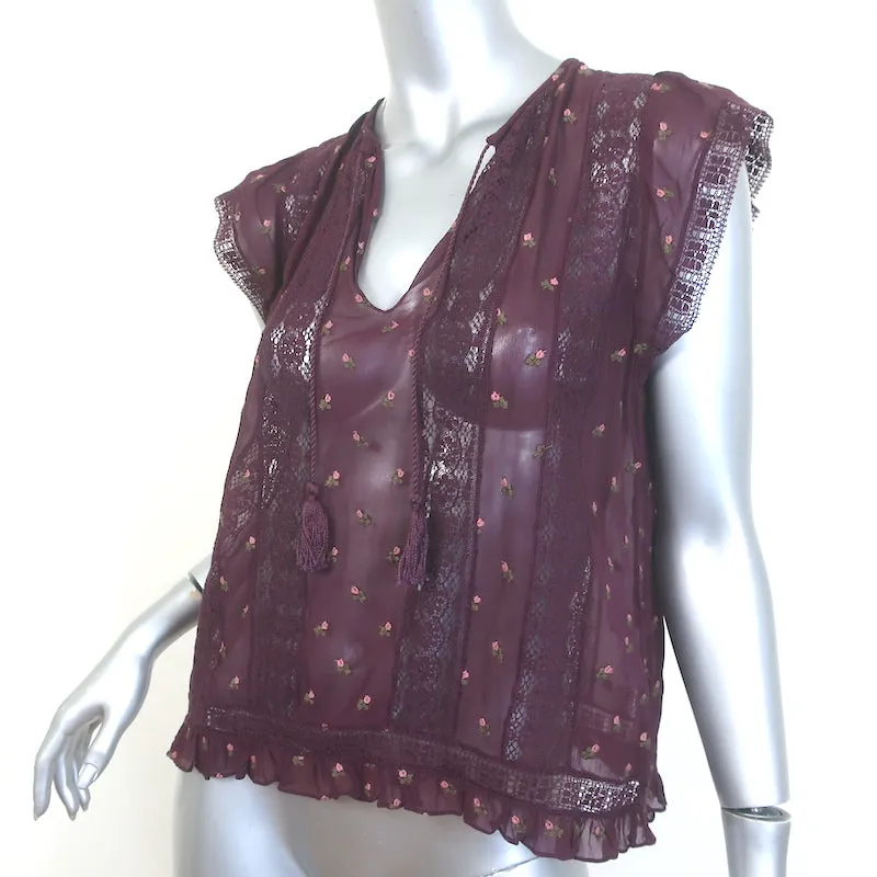 Ulla Johnson Top Magdalena Bordeaux Brodé Fleuri en Georgette Taille 4 NEUF