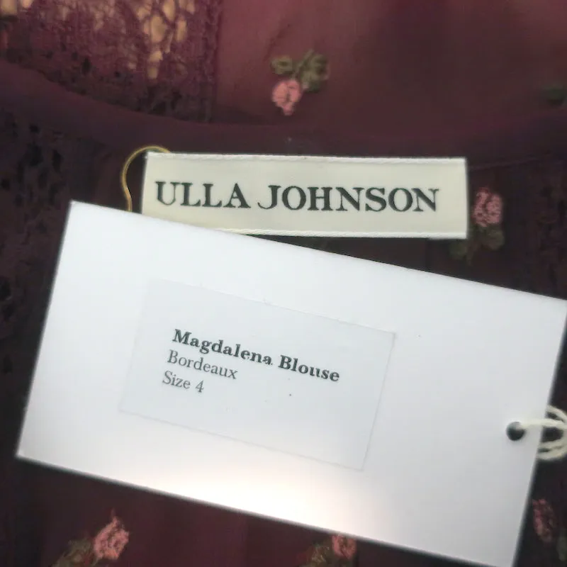 Ulla Johnson Top Magdalena Bordeaux Brodé Fleuri en Georgette Taille 4 NEUF