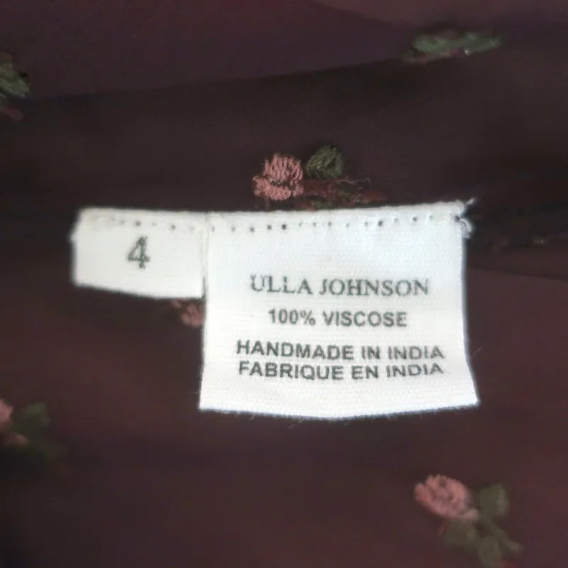 Ulla Johnson Top Magdalena Bordeaux Brodé Fleuri en Georgette Taille 4 NEUF