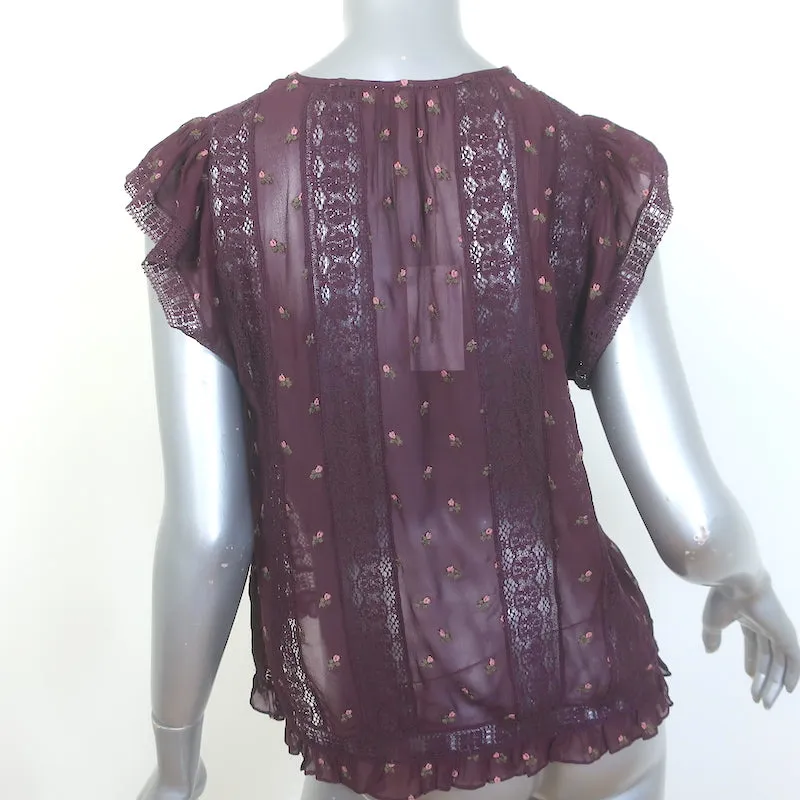 Ulla Johnson Top Magdalena Bordeaux Brodé Fleuri en Georgette Taille 4 NEUF