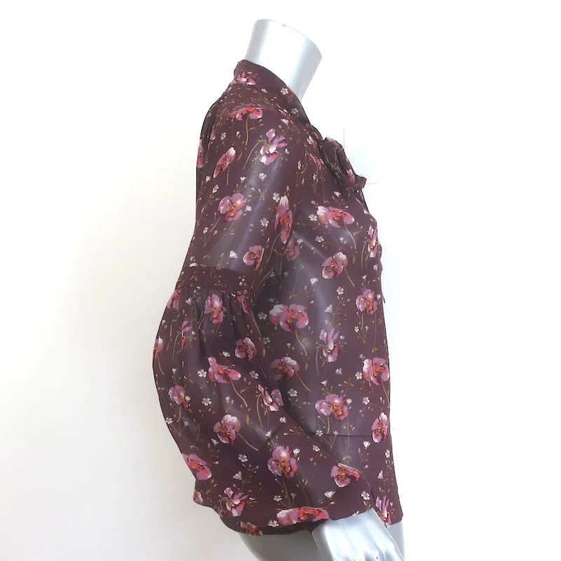 Ulla Johnson Mimi Chemise à Nœud Papillon Imprimé Floral Prune en Soie Taille 2 Manches Longues