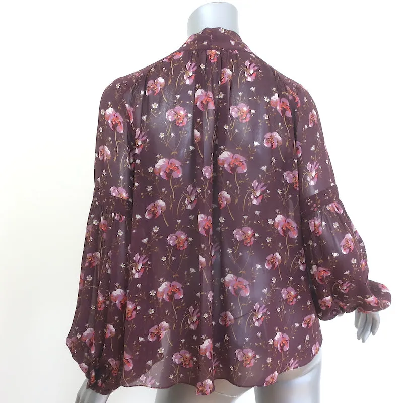 Ulla Johnson Mimi Chemise à Nœud Papillon Imprimé Floral Prune en Soie Taille 2 Manches Longues
