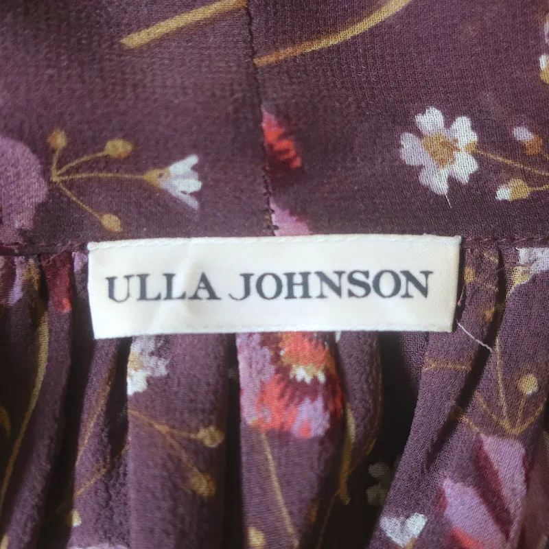 Ulla Johnson Mimi Chemise à Nœud Papillon Imprimé Floral Prune en Soie Taille 2 Manches Longues