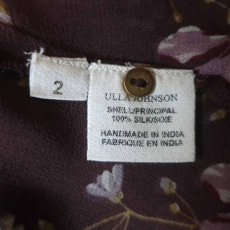 Ulla Johnson Mimi Chemise à Nœud Papillon Imprimé Floral Prune en Soie Taille 2 Manches Longues