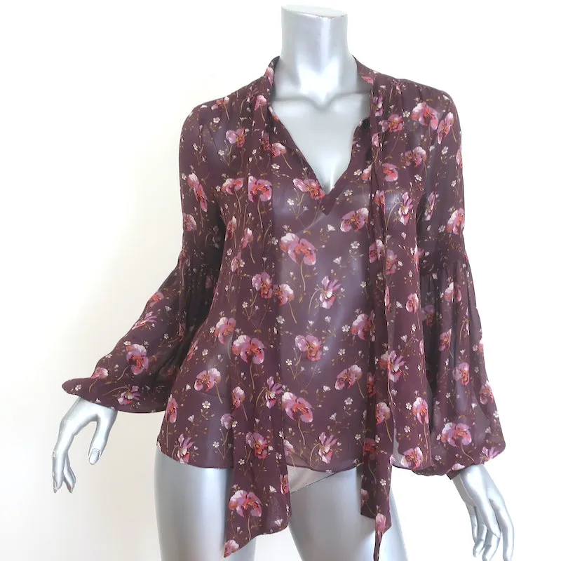 Ulla Johnson Mimi Chemise à Nœud Papillon Imprimé Floral Prune en Soie Taille 2 Manches Longues