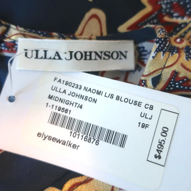 Ulla Johnson Blouse à Manches Ballon Naomi Imprimé Floral Marine/Or Métallisé Taille 4 NEUVE
