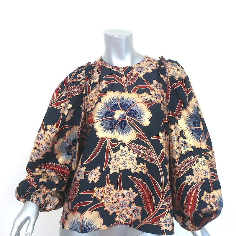 Ulla Johnson Blouse à Manches Ballon Naomi Imprimé Floral Marine/Or Métallisé Taille 4 NEUVE