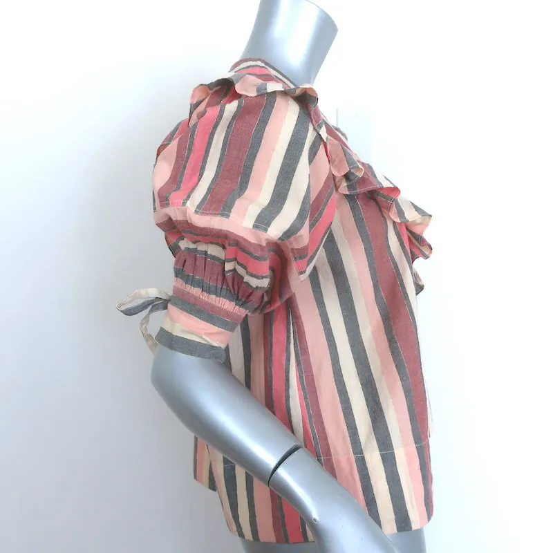 Ulla Johnson Haut à bavette volanté à manches ballon rose rayé métallisé en coton taille 0