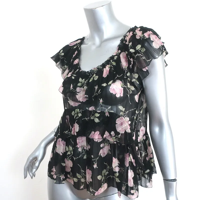 Ulla Johnson Haut à Volants Flora Imprimé Fleuri Noir en Soie Taille 4 Blouse à Manches Courtes