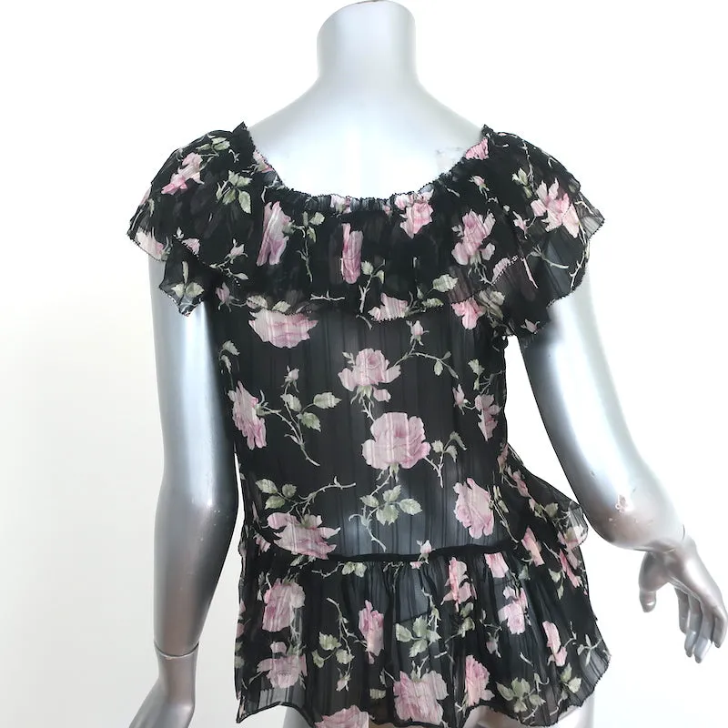 Ulla Johnson Haut à Volants Flora Imprimé Fleuri Noir en Soie Taille 4 Blouse à Manches Courtes