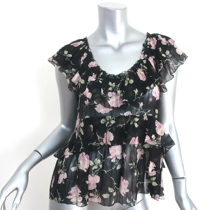 Ulla Johnson Haut à Volants Flora Imprimé Fleuri Noir en Soie Taille 4 Blouse à Manches Courtes