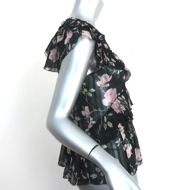 Ulla Johnson Haut à Volants Flora Imprimé Fleuri Noir en Soie Taille 4 Blouse à Manches Courtes