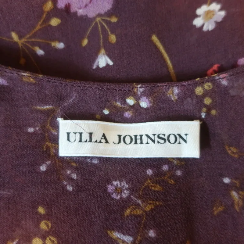 Ulla Johnson Haut à Franges Vin Imprimé Floral en Soie Volantée Taille 2 Manches Courtes