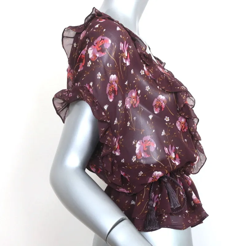 Ulla Johnson Haut à Franges Vin Imprimé Floral en Soie Volantée Taille 2 Manches Courtes