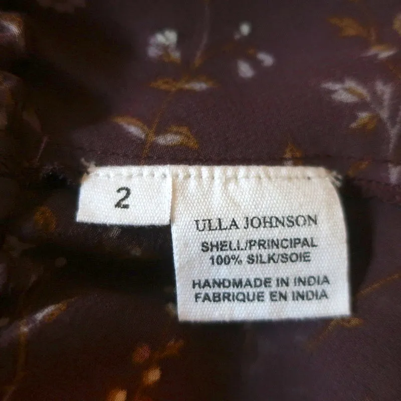 Ulla Johnson Haut à Franges Vin Imprimé Floral en Soie Volantée Taille 2 Manches Courtes