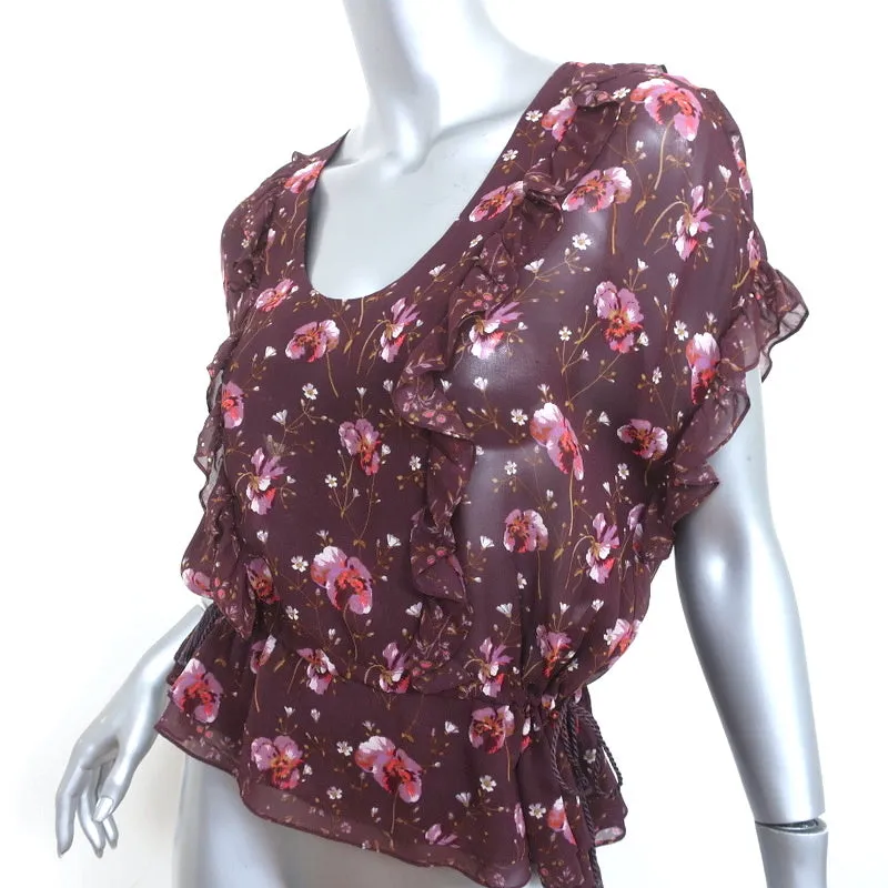 Ulla Johnson Haut à Franges Vin Imprimé Floral en Soie Volantée Taille 2 Manches Courtes