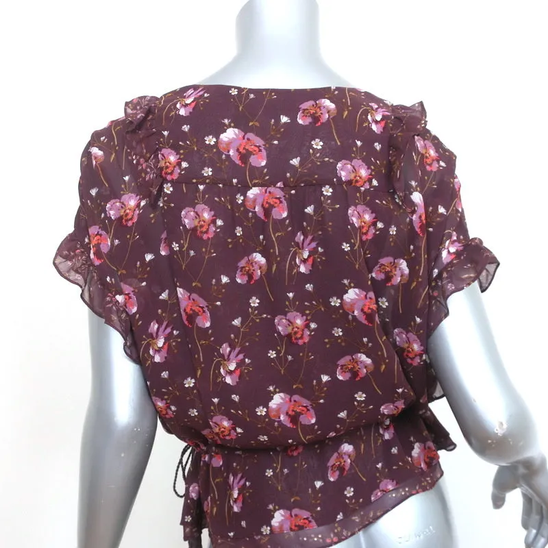 Ulla Johnson Haut à Franges Vin Imprimé Floral en Soie Volantée Taille 2 Manches Courtes