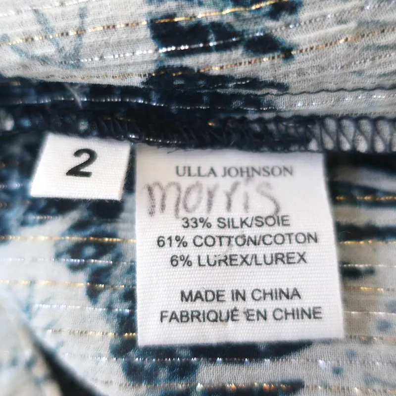 Ulla Johnson Top Nova Indigo Lurex à Fleurs en Soie Taille 2 Blouse à Manches Ballon