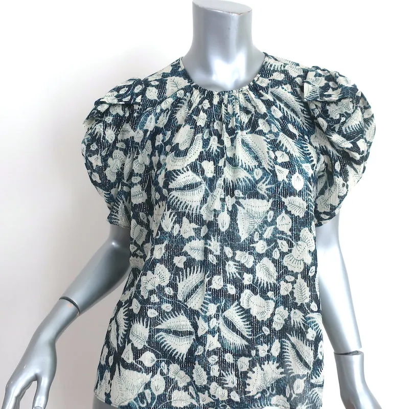 Ulla Johnson Top Nova Indigo Lurex à Fleurs en Soie Taille 2 Blouse à Manches Ballon
