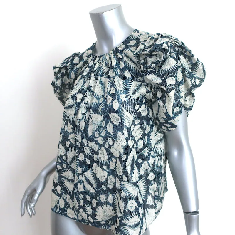 Ulla Johnson Top Nova Indigo Lurex à Fleurs en Soie Taille 2 Blouse à Manches Ballon