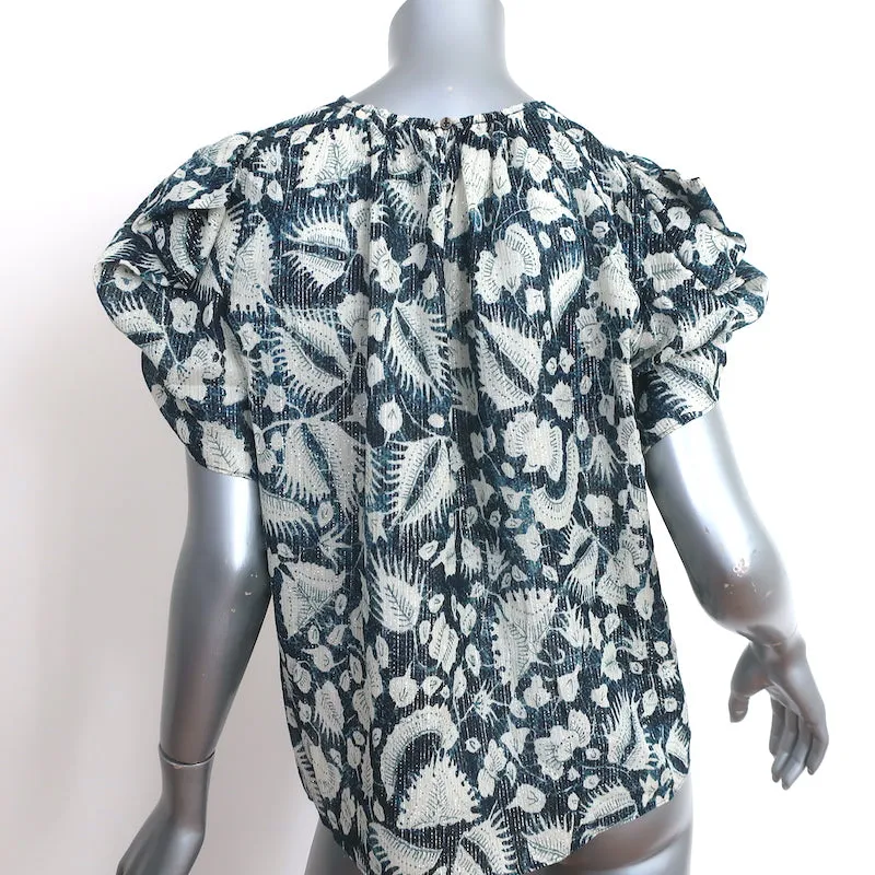 Ulla Johnson Top Nova Indigo Lurex à Fleurs en Soie Taille 2 Blouse à Manches Ballon
