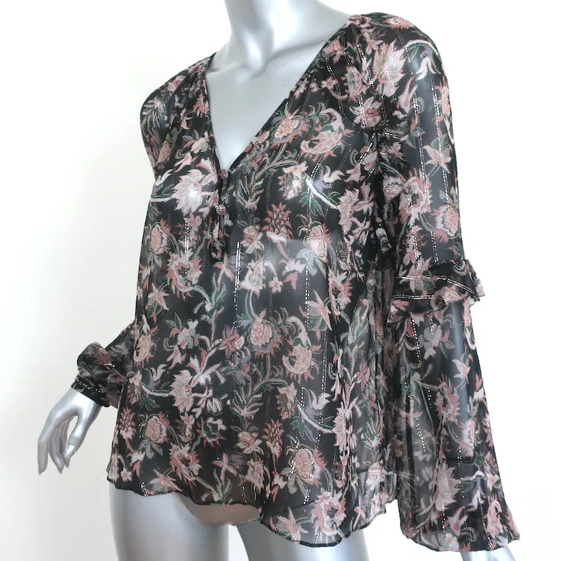 Veronica Beard Blouse Zanita Noir Métallisé Imprimé Floral Chiffon Volanté Taille 4