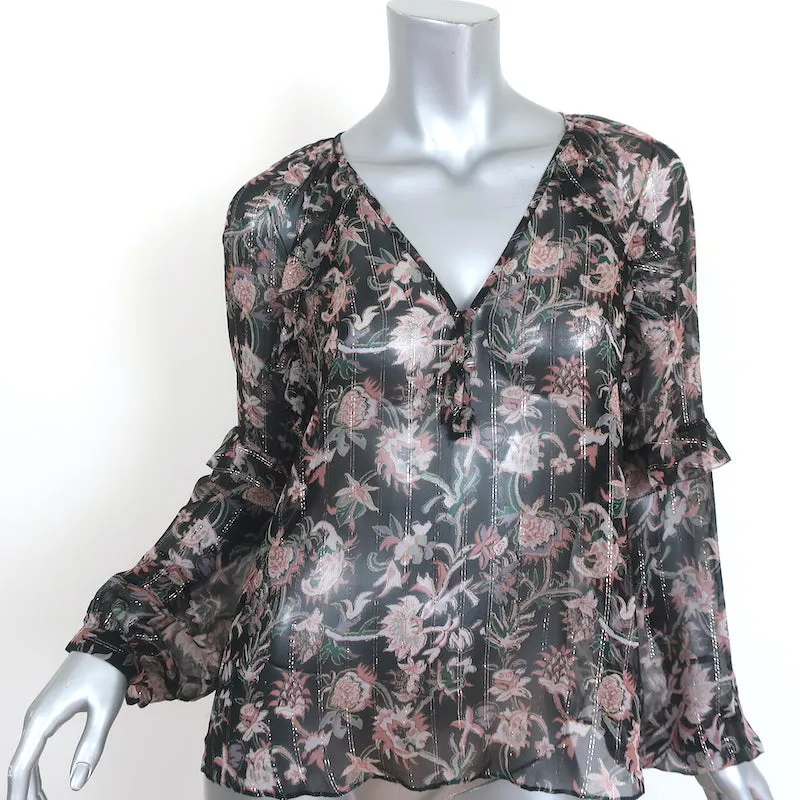 Veronica Beard Blouse Zanita Noir Métallisé Imprimé Floral Chiffon Volanté Taille 4