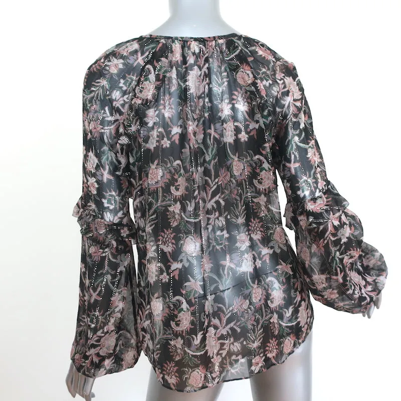Veronica Beard Blouse Zanita Noir Métallisé Imprimé Floral Chiffon Volanté Taille 4
