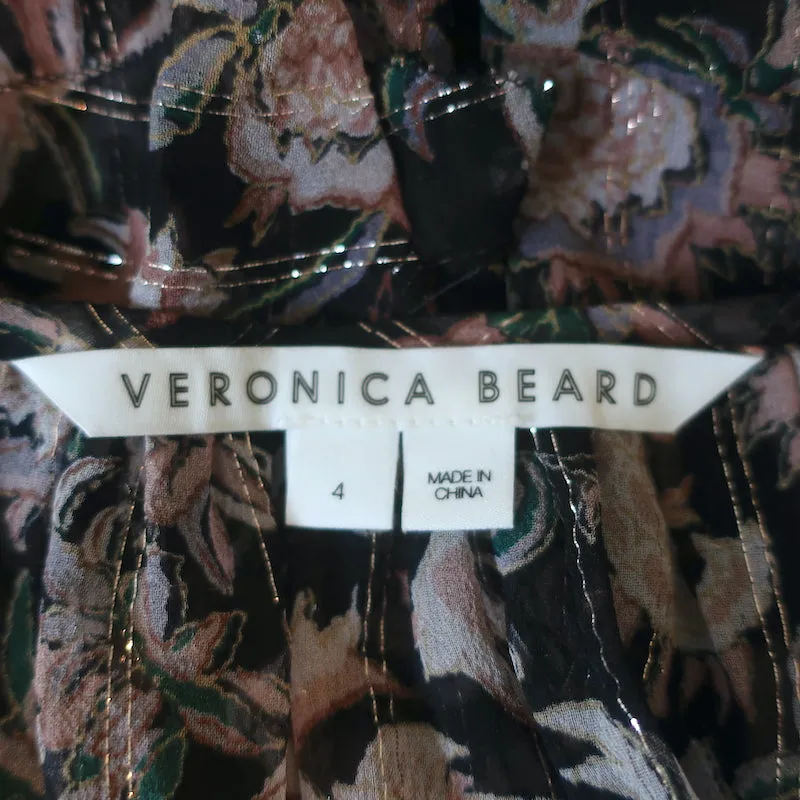 Veronica Beard Blouse Zanita Noir Métallisé Imprimé Floral Chiffon Volanté Taille 4