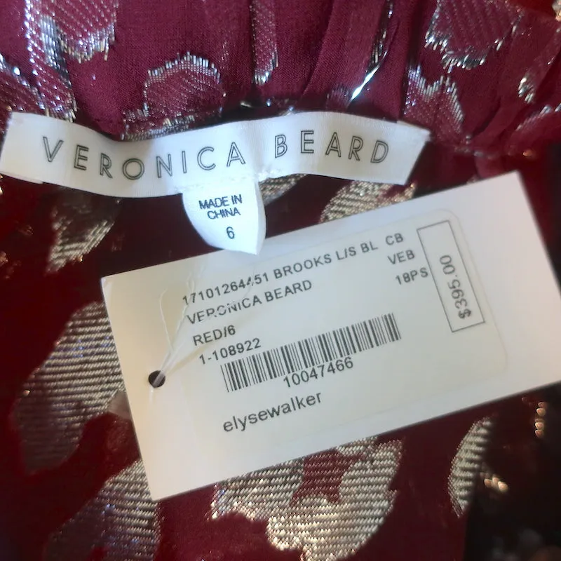 Veronica Beard Brooks Blouse à manches nouées en soie métallisée bordeaux Taille 6 NEUVE