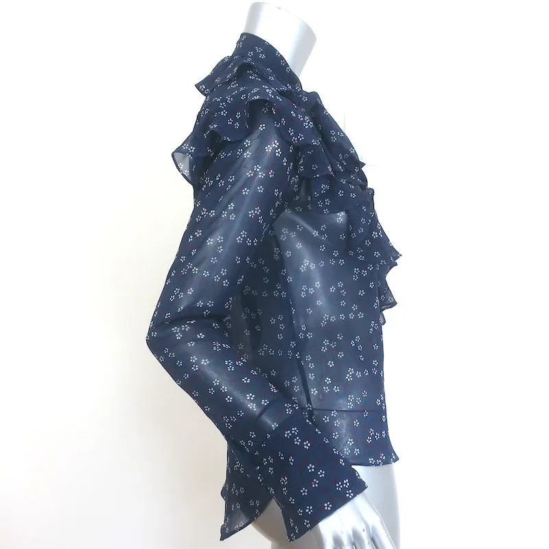 Veronica Beard Finley Chemisier à Col Noué Volanté Imprimé Floral Marine en Mousseline Taille 0