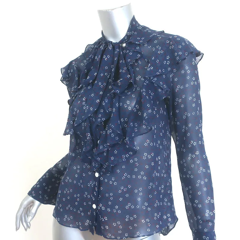 Veronica Beard Finley Chemisier à Col Noué Volanté Imprimé Floral Marine en Mousseline Taille 0