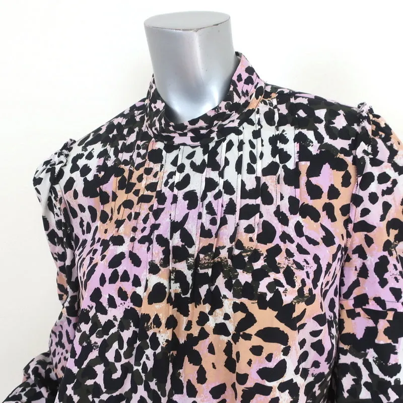 Veronica Beard Haut Lety Imprimé Léopard Soie Stretch Taille 8 Blouse Col Montant
