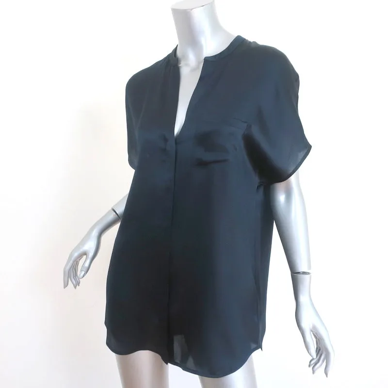 Vince Blouse Satin Popover en Soie Marine Taille Petite Manches Courtes Tunique Top NEUF