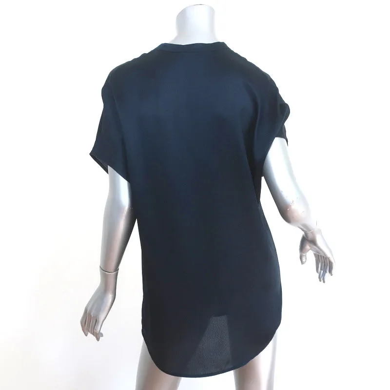 Vince Blouse Satin Popover en Soie Marine Taille Petite Manches Courtes Tunique Top NEUF